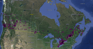 Map of canada with bicycle retailers marked